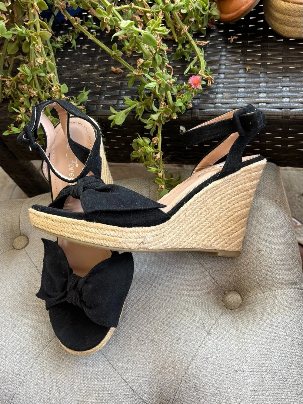 Forever 21 Black Espadrille Wedge Sandals with Bow Accent
